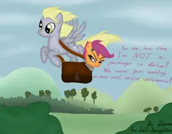 Size: 1024x800 | Tagged: safe, artist:zonra, derpibooru import, derpy hooves, scootaloo, pegasus, pony, bag, female, flying, mare