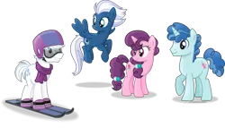 Size: 5372x3071 | Tagged: absurd resolution, artist:vector-brony, clothes, derpibooru import, double diamond, equal four, floating, goggles, group, helmet, inkscape, looking at each other, night glider, party favor, raised hoof, safe, scarf, signature, simple background, skis, sugar belle, the cutie map, transparent background, vector