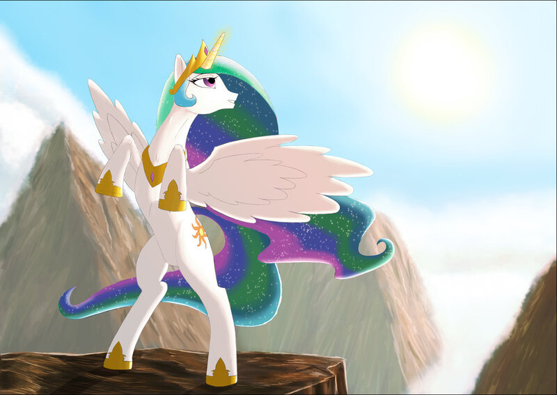 Size: 1023x726 | Tagged: artist:casparraillen, derpibooru import, magic, mountain, princess celestia, rearing, safe, solo, spread wings, sunrise