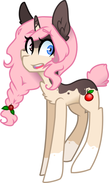 Size: 592x992 | Tagged: safe, artist:hi-imrushing, artist:shady norse fox, artist:sketchy brush, derpibooru import, oc, oc:kirsche freude, unofficial characters only, pony, unicorn, braid, cherry, chest fluff, clothes, hair tie, heterochromia, multicolored coat, pink mane, simple background, socks, transparent background, vector, vector trace