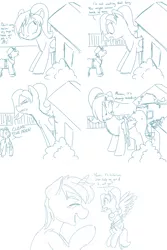 Size: 1280x1920 | Tagged: safe, artist:goat train, deleted from derpibooru, derpibooru import, oc, oc:cumulonimbus, oc:snap feather, unofficial characters only, pony, comic, destruction, giant pony, macro, monochrome, sketch, stuck