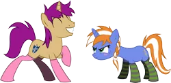 Size: 5222x2542 | Tagged: safe, artist:outlawedtofu, derpibooru import, oc, oc:alloy shaper, oc:grit, unofficial characters only, pony, unicorn, fallout equestria, fallout equestria: wasteland economics, blushing, clothes, socks, striped socks