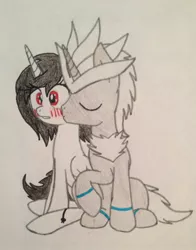 Size: 1606x2046 | Tagged: safe, artist:shadayloronic, derpibooru import, oc, ponified, alicorn, pony, alicorn oc, crossover shipping, kissing, present, silver the hedgehog, sonic the hedgehog (series), traditional art