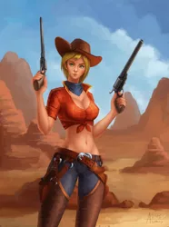 Size: 1986x2672 | Tagged: applejack, artist:asimos, bandana, belly button, breasts, busty applejack, chaps, cowgirl, derpibooru import, female, front knot midriff, gun, human, humanized, midriff, no trigger discipline, revolver, safe, solo, weapon