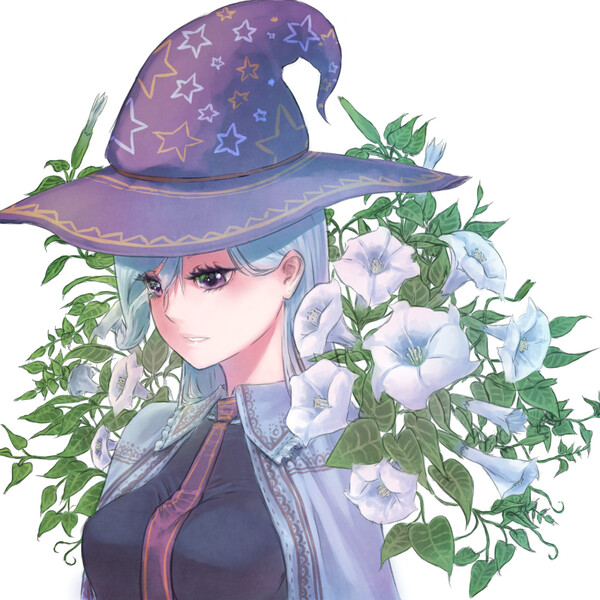 Size: 1000x1000 | Tagged: safe, artist:rinnemi, derpibooru import, trixie, human, busty trixie, clothes, cute, female, flower, hat, humanized, moonflower, necktie, simple background, solo, trixie's hat, white background