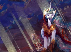 Size: 3748x2775 | Tagged: army, artist:quiet-victories, banner, cape, clothes, crepuscular rays, derpibooru import, gouache, princess celestia, royal guard, safe, traditional art