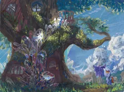 Size: 3745x2781 | Tagged: safe, artist:quiet-victories, derpibooru import, rainbow dash, twilight sparkle, twilight sparkle (alicorn), alicorn, pony, crystal, duo, female, golden oaks library, gouache, mare, ponyville, scenery, scenery porn, traditional art