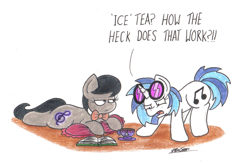 Size: 2058x1413 | Tagged: safe, artist:bobthedalek, derpibooru import, octavia melody, vinyl scratch, earth pony, pony, unicorn, backwards cutie mark, confused, iced tea, octavia is not amused, pillow, teacup, unamused