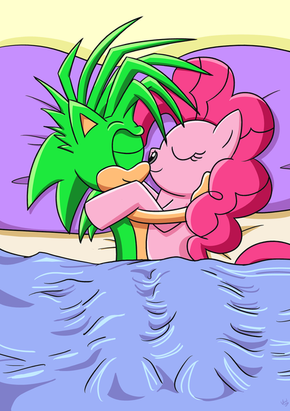 Size: 1024x1448 | Tagged: artist:viraljp, bed, crack shipping, crossover, crossover shipping, derpibooru import, female, hug, male, manicpie, manic the hedgehog, pimic, pinkie pie, shipping, sonic the hedgehog (series), sonic underground, straight, suggestive