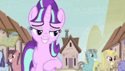 Size: 944x540 | Tagged: animated, creepy, creepy smile, cult, derpibooru import, in our town, lidded eyes, safe, screencap, singing, smiling, starlight glimmer, stomping, the cutie map