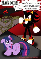 Size: 1024x1466 | Tagged: safe, artist:greatblueskies, derpibooru import, twilight sparkle, twilight sparkle (alicorn), alicorn, pony, background pony strikes again, black doom, crossover, crossover shipping, crying, edgy, female, interspecies, male, mare, open mouth, shadow the hedgehog, shadtwi, shipping, sonic the hedgehog (series), straight