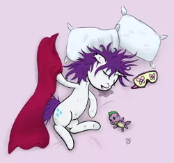 Size: 2048x1916 | Tagged: artist:123turtleshell, bed mane, derpibooru import, drool, eyes closed, fluffy, hilarious in hindsight, majestic as fuck, messy mane, open mouth, pillow, plushie, rarity, safe, side, sleeping, sleep mask, smiling, solo, spike, spike plushie