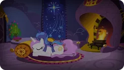 Size: 1024x576 | Tagged: artist:90sigma, artist:original-celestia, cute, cutelestia, daaaaaaaaaaaw, derpibooru import, filly, fireplace, lunabetes, princess celestia, princess luna, safe, show accurate, sleeping, smiling, woona