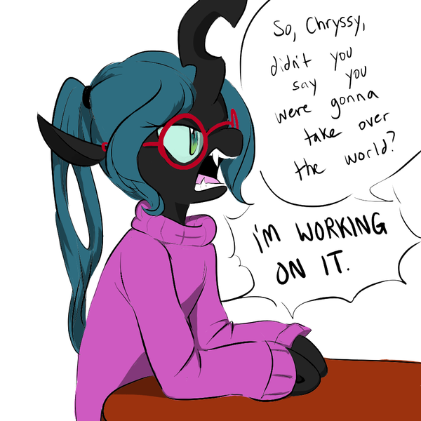 Size: 1000x1000 | Tagged: safe, artist:glacierclear, color edit, derpibooru import, edit, queen chrysalis, changeling, changeling queen, semi-anthro, /mlp/, 4chan, adorkable, alternate hairstyle, angry, clothes, colored, cute, cutealis, dialogue, dork, dorkalis, drawthread, female, glasses, image, nerd, open mouth, png, ponytail, shirt, simple background, solo, sweater, table, turtleneck, white background, yelling, younger