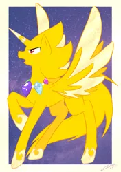 Size: 1200x1703 | Tagged: safe, artist:caninelove, derpibooru import, ponified, alicorn, pony, alicornified, crossover, hoof shoes, jewelry, looking up, necklace, race swap, raised hoof, signature, sonic the hedgehog, sonic the hedgehog (series), stars, super sonic