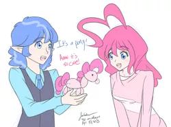 Size: 1280x948 | Tagged: 30 minute art challenge, artist:jonfawkes, balloon animal, derpibooru import, dialogue, elf ears, human, humanized, party favor, pinkie pie, safe