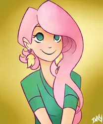 Size: 1000x1200 | Tagged: dead source, safe, artist:inkypsycho, derpibooru import, fluttershy, human, equestria girls, bust, clothes, ear piercing, earring, female, humanized, jewelry, looking up, piercing, smiling, solo