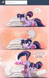 Size: 1280x2008 | Tagged: dead source, safe, artist:ncmares, derpibooru import, edit, twilight sparkle, twilight sparkle (alicorn), alicorn, pony, ask majesty incarnate, alternate hairstyle, ask, bucking, clothes, cute, female, floppy ears, frown, glare, gritted teeth, kicking, mare, ncmares is trying to murder us, pillow, pillow fight, ponytail, prone, smiling, smirk, socks, striped socks, truth, tumblr, twiabetes, wide eyes