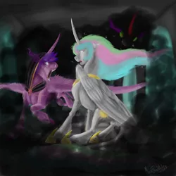 Size: 4000x4000 | Tagged: semi-grimdark, artist:maxiima, derpibooru import, king sombra, princess celestia, twilight sparkle, twilight sparkle (alicorn), alicorn, pony, umbrum, undead, corrupted, crying, cursed, female, fluffy, ghast, glowing eyes, hood, mare, open mouth, raised hoof, scar, sitting, sombra eyes, spread wings, unshorn fetlocks, wide eyes, wraith