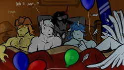 Size: 1024x576 | Tagged: aftersex, anthro, artist:bgn, balloon, bed, braeburn, chest hair, clothes, derpibooru import, double diamond, gay, goggles, implied group sex, implied sex, king sombara, king sombra, king sombra gets all the stallions, male, males only, nudity, orgy, party favor, scarf, skis, soarin', soarin'bra, sombraeburn, stupid sexy braeburn, stupid sexy double diamond, stupid sexy party favor, stupid sexy soarin', stupid sexy sombra, suggestive