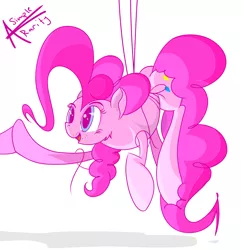 Size: 2650x2750 | Tagged: artist:asimplerarity, derpibooru import, hoofbump, pinkie pie, safe, self ponidox, simple background, solo, sprinkles, suspended