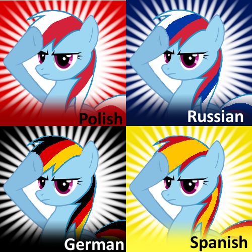 Size: 500x500 | Tagged: safe, artist:markiz93, derpibooru import, edit, rainbow dash, pegasus, pony, derpibooru, german, german dash, meta, polish, rainbow dash salutes, rainbow deutsch, recolor, russian, salute, spanish, spoilered image joke