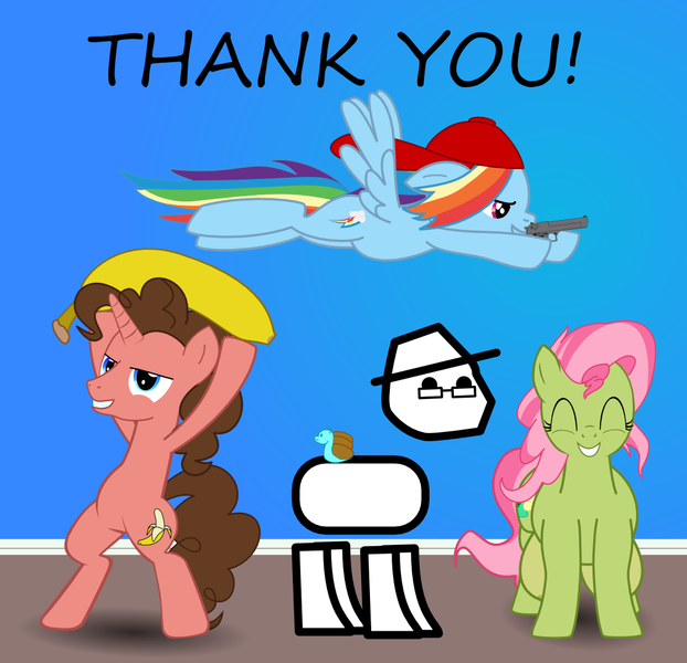 Size: 1040x1004 | Tagged: questionable, derpibooru import, rainbow dash, oc, oc:banana pie, oc:saggitha slap, earth pony, pegasus, pony, snail, unicorn, banana, bucktooth, chubby, crotchboobs, fedora, flying, grin, hat, impossibly large crotchboobs