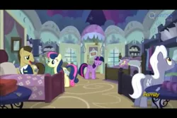 Size: 960x640 | Tagged: safe, derpibooru import, screencap, bon bon, davenport, royal riff, spike, sweetie drops, twilight sparkle, twilight sparkle (alicorn), alicorn, pony, castle sweet castle, discovery family logo, female, mare, quills and sofas