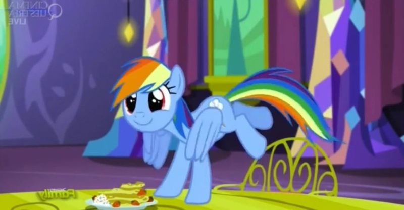 Size: 829x431 | Tagged: castle sweet castle, derpibooru import, pancakes, rainbow dash, safe, screencap, solo