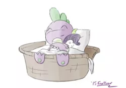 Size: 1024x720 | Tagged: safe, artist:feather, derpibooru import, rarity, spike, castle sweet castle, cute, plushie, rarity plushie, spikabetes, that was fast