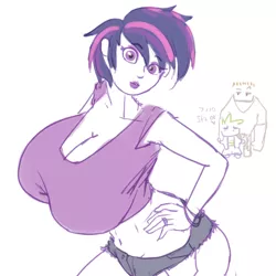 Size: 900x900 | Tagged: alternate hairstyle, artist:moronsonofboron, belly button, big breasts, breasts, bulk biceps, busty twilight sparkle, castle sweet castle, cleavage, clothes, daisy dukes, derpibooru import, female, hand on hip, huge breasts, human, humanized, midriff, partial color, punklight sparkle, spike, suggestive, twilight sparkle