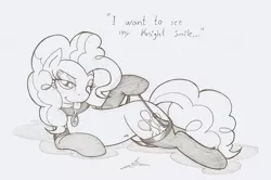 Size: 944x627 | Tagged: suggestive, artist:ravenpuff, deleted from derpibooru, derpibooru import, pinkie pie, earth pony, pony, belly button, clothes, collar, female, mare, monochrome, riding crop, solo, stockings, traditional art