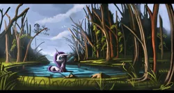 Size: 1220x654 | Tagged: artist:auroriia, derpibooru import, rarity, safe, scenery, solo, wet, wet mane, wet mane rarity