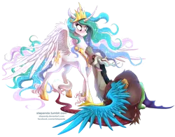 Size: 1000x783 | Tagged: safe, artist:stepandy, derpibooru import, discord, princess celestia, bedroom eyes, blushing, curved horn, dislestia, eye contact, female, floppy ears, male, messy mane, prone, realistic horse legs, shipping, smiling, spread wings, straight, unshorn fetlocks, wide eyes