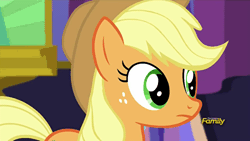 Size: 500x281 | Tagged: safe, derpibooru import, screencap, applejack, earth pony, pony, castle sweet castle, animated, aside glance, discovery family, discovery family logo, lidded eyes, looking at you, solo, unconvinced applejack