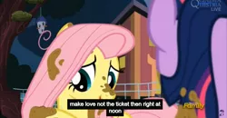 Size: 1600x830 | Tagged: suggestive, derpibooru import, edit, edited screencap, screencap, fluttershy, twilight sparkle, twilight sparkle (alicorn), alicorn, pony, castle sweet castle, caption, female, implied lesbian, implied twishy, mare, meme, youtube caption