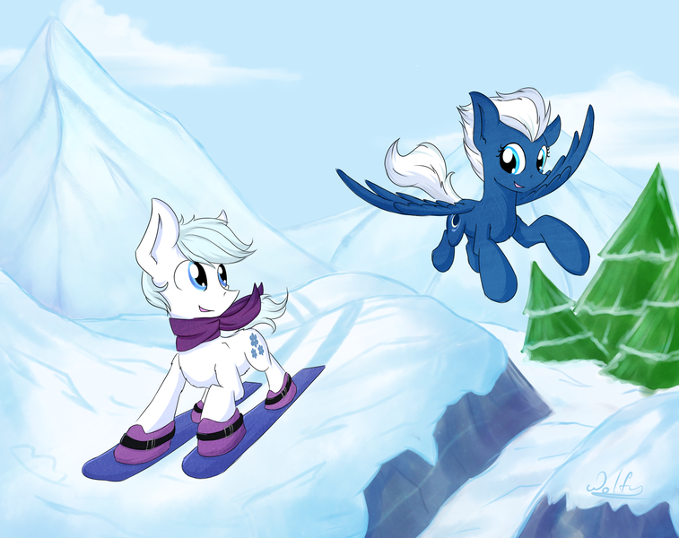 Size: 1781x1412 | Tagged: artist:wolfypon, derpibooru import, double diamond, mountain, night glider, safe, skiing, snow