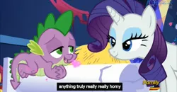 Size: 1600x830 | Tagged: suggestive, derpibooru import, edit, edited screencap, screencap, rarity, spike, castle sweet castle, bedroom eyes, caption, discovery family logo, female, heart, male, meme, shipping, sparity, straight, youtube caption