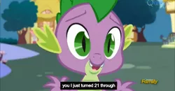 Size: 1600x830 | Tagged: castle sweet castle, derpibooru import, discovery family logo, image macro, meme, safe, screencap, spike, youtube caption