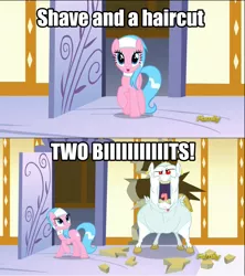 Size: 1280x1440 | Tagged: aloe, bulk biceps, castle sweet castle, derpibooru import, discovery family logo, image macro, meme, safe, screencap, shave and a haircut, spa, who framed roger rabbit