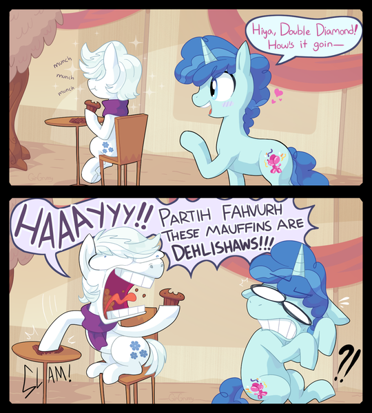 Size: 1363x1514 | Tagged: artist:girgrunny, clothes, comic, derpibooru import, double diamond, faic, flanderization, gay, male, muffin, partydiamond, party favor, safe, scarf, shipping, startled, the cutie map