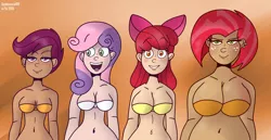 Size: 5200x2674 | Tagged: apple bloom, artist:scobionicle99, babs seed, bra, breasts, busty apple bloom, busty babs seed, busty cmc, busty scootaloo, busty sweetie belle, cleavage, clothes, cutie mark crusaders, derpibooru import, female, human, humanized, older, piercing, plump, scootaloo, suggestive, sweetie belle, underwear