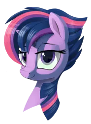 Size: 2219x3000 | Tagged: safe, artist:dimfann, derpibooru import, twilight sparkle, twilight sparkle (alicorn), alicorn, pony, castle sweet castle, alternate hairstyle, bust, female, mare, punklight sparkle, simple background, solo, transparent background