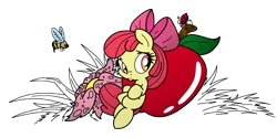 Size: 3000x1500 | Tagged: adorabloom, apple, apple bloom, artist:dfectivedvice, artist:pananovich, bee, cute, derpibooru import, ladybug, safe, simple background, solo, tiny, transparent background