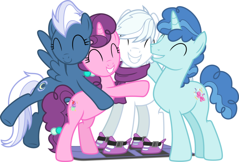 Size: 2945x2000 | Tagged: safe, artist:chainchomp2, derpibooru import, double diamond, night glider, party favor, sugar belle, earth pony, pegasus, pony, unicorn, the cutie map, .svg available, clothes, cute, double dawwmond, equal four, eyes closed, favorbetes, female, glideabetes, group hug, happy, high res, hug, male, mare, scarf, simple background, skis, smiling, stallion, sugarbetes, transparent background, vector