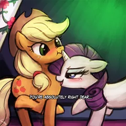 Size: 750x750 | Tagged: safe, artist:lumineko, derpibooru import, applejack, rarity, earth pony, pony, unicorn, castle sweet castle, bedroom eyes, blushing, dialogue, female, floppy ears, freckles, hat, lesbian, mare, nose wrinkle, open mouth, raised hoof, rarijack, scene parody, scrunchy face, shipping, shrug, smiling