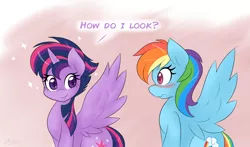 Size: 1280x753 | Tagged: dead source, safe, artist:ambris, derpibooru import, rainbow dash, twilight sparkle, twilight sparkle (alicorn), alicorn, pony, castle sweet castle, alternate hairstyle, blushing, colored pupils, cute, dashabetes, female, gradient background, lesbian, mare, pink background, punklight sparkle, shipping, simple background, smiling, spread wings, twiabetes, twidash, wingboner