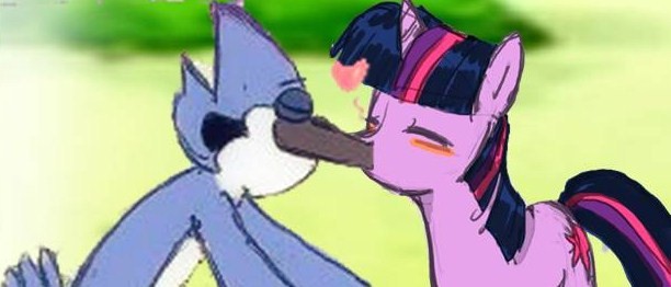 Size: 612x262 | Tagged: 1000 years in photoshop, artist:kaiamurosesei, crossover, crossover shipping, derpibooru import, female, kissing, male, mordecai, mordetwi, now kiss, regular show, safe, straight, twilight sparkle