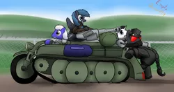 Size: 1280x683 | Tagged: safe, artist:the-furry-railfan, derpibooru import, oc, oc:crash dive, oc:night strike, oc:scouring charge, oc:static charge, unofficial characters only, earth pony, pegasus, pony, unicorn, fallout equestria, fallout equestria: empty quiver, artillery, barbed wire, cannon, duffle bag, enclave armor, escape, fence, grand pegasus enclave, half-track, hill, kettenkrad, power armor, steel ranger, steel rangers, story, vehicle