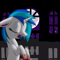 Size: 1024x1024 | Tagged: grimdark, artist:stoneware13, derpibooru import, vinyl scratch, pony, unicorn, vampire, blood, blood stains, crying, eyes closed, fangs, female, floppy ears, glasses, hooves, horn, mare, moon, night, open mouth, solo, sunglasses